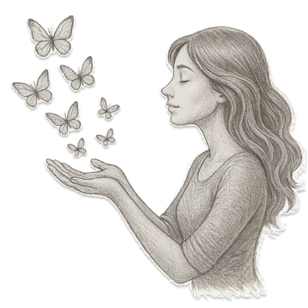 drawing of a woman releasing butterflies