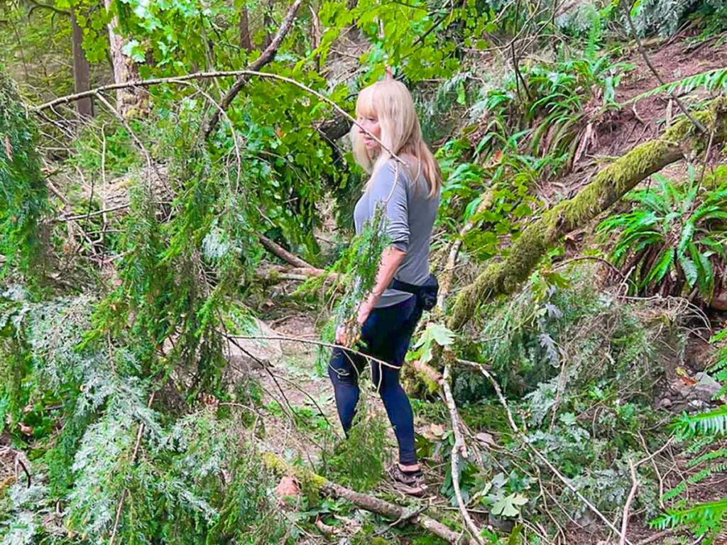 woman hiking after a storm