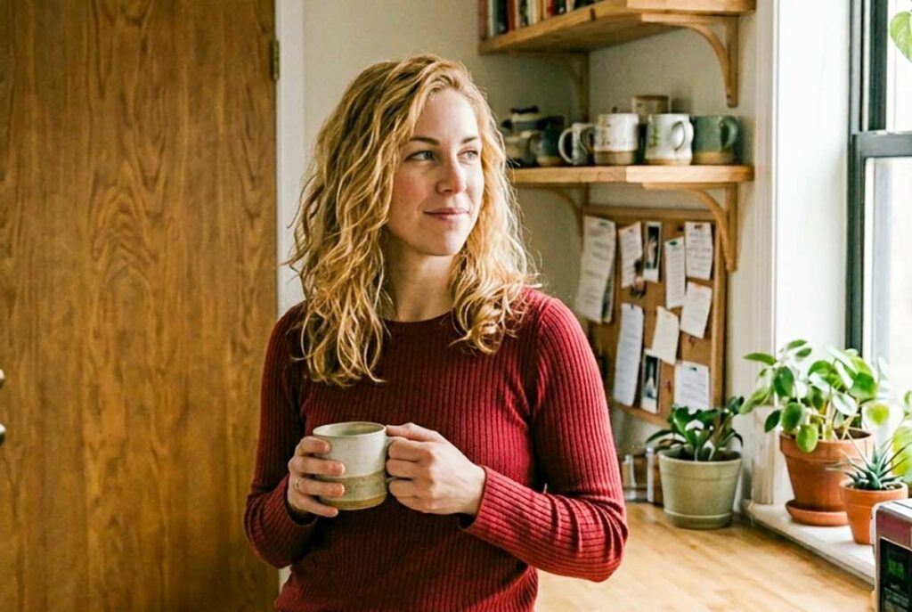happy woman sipping coffee alone