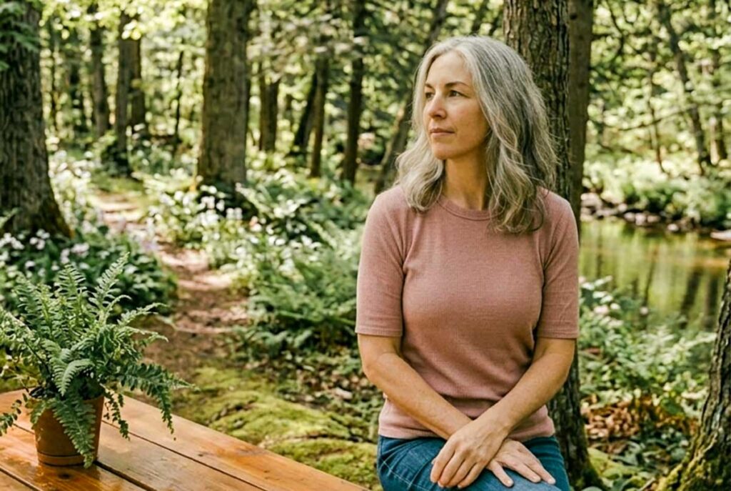 a woman sitting in a forest thinking about what I learned about red flags in a relationship